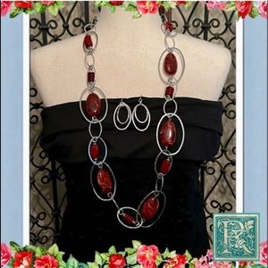NWOT Long “Chunky”’Red and Silver alloy Necklace and earrings set.